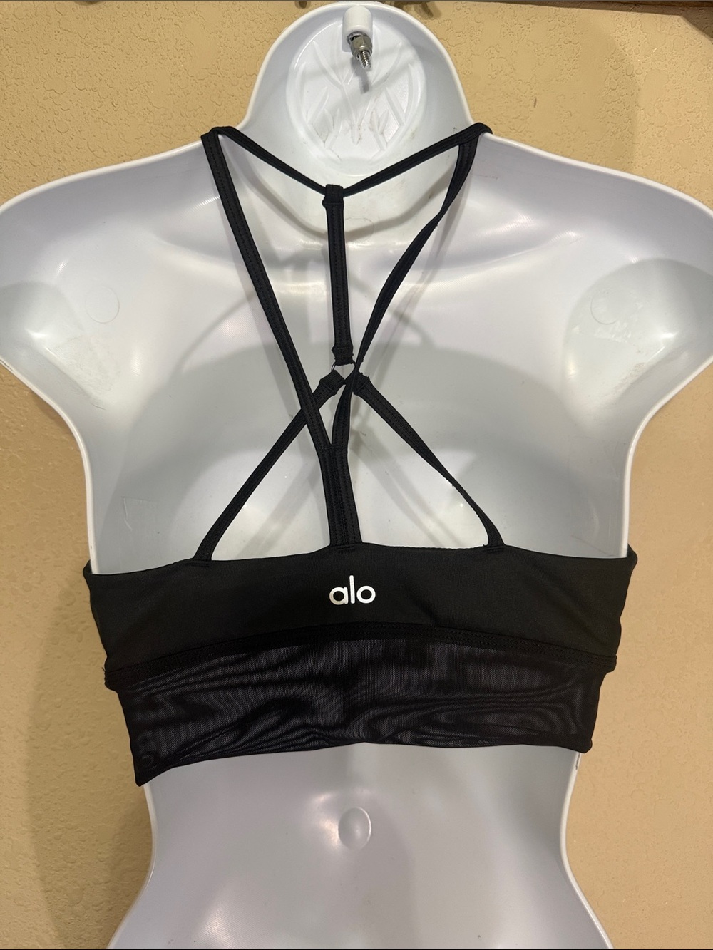 ALO Yoga lavish Black Strappy Back Sports Bra with White Logo